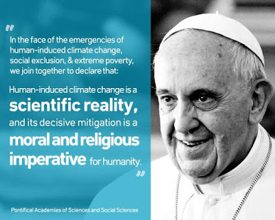 A photo of the Pope next to a quote about climate change